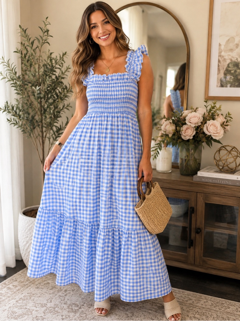Blue Gingham Maxi Dress with Ruffled Shoulder Straps